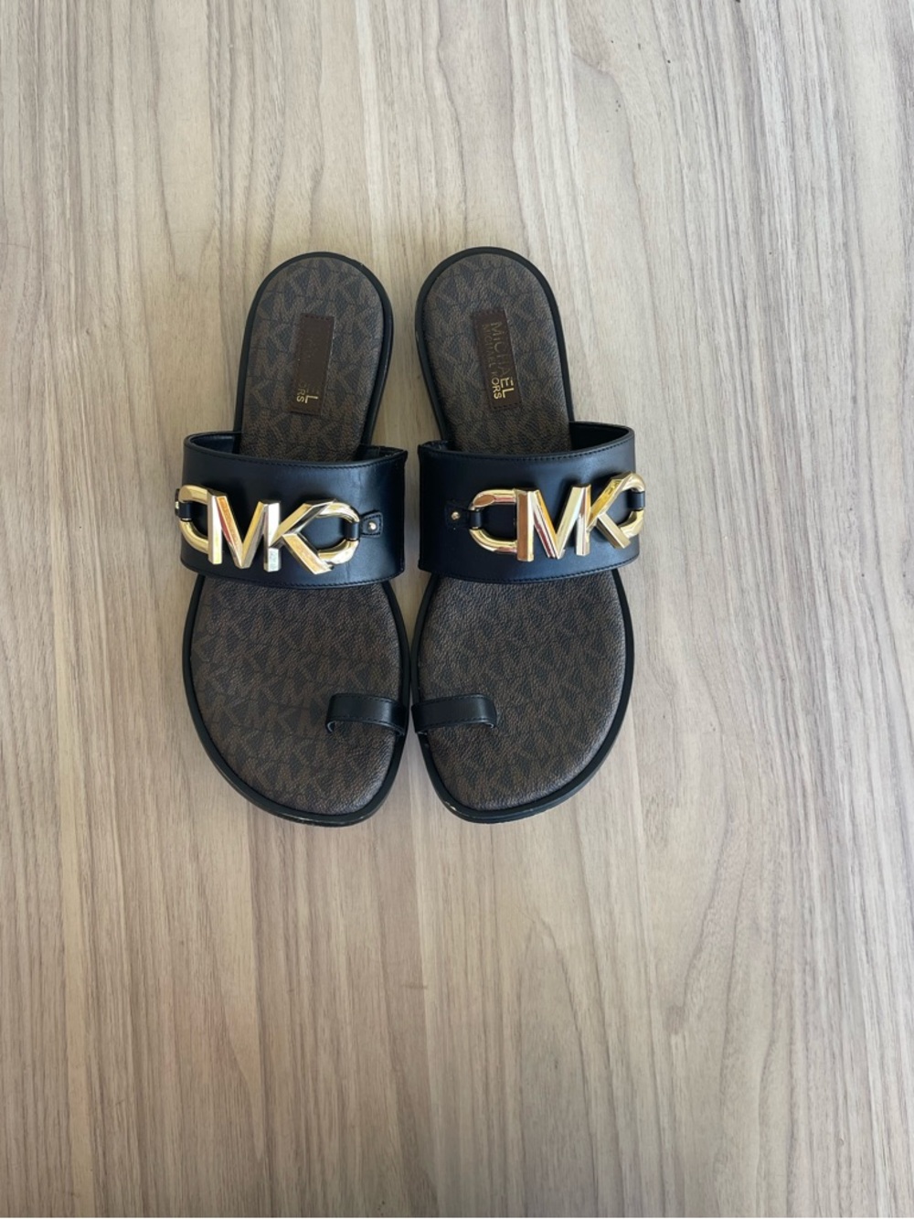 Michael Kors Black Slides with Gold MK Emblem - Picture 10 of 13